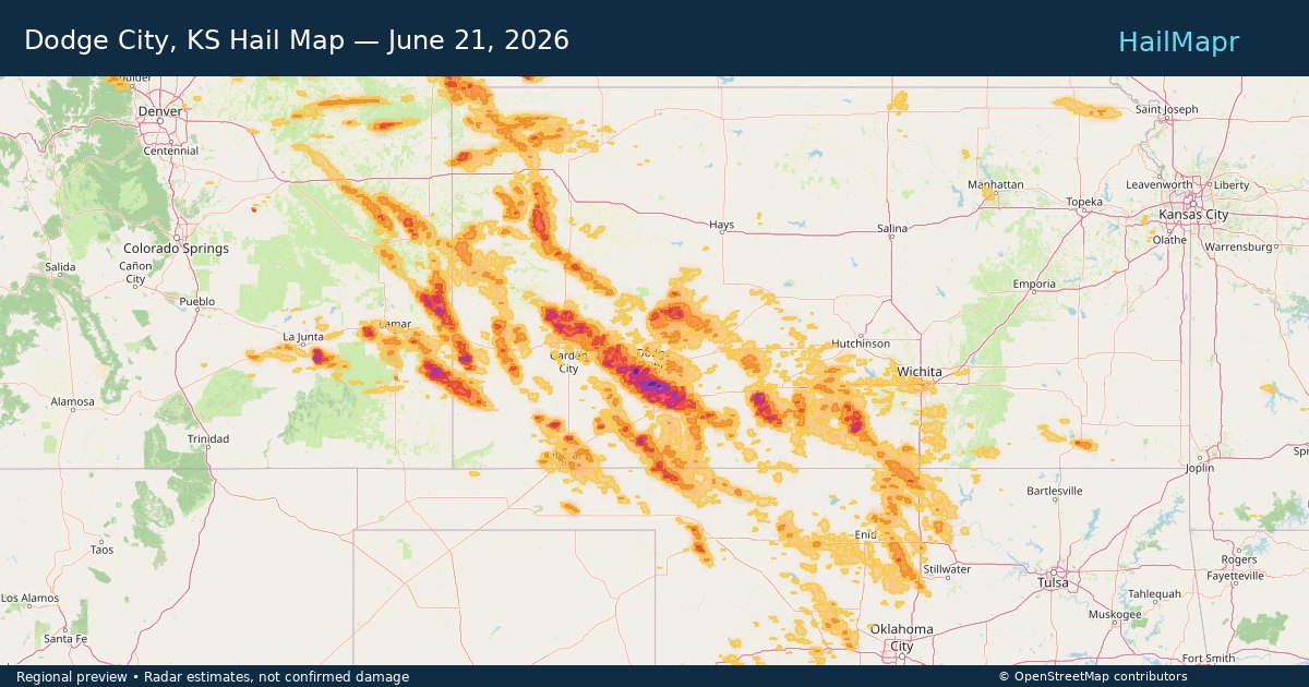 Dodge City, KS Hail Map — June 21, 2026 — regional heatmap and storm polygons