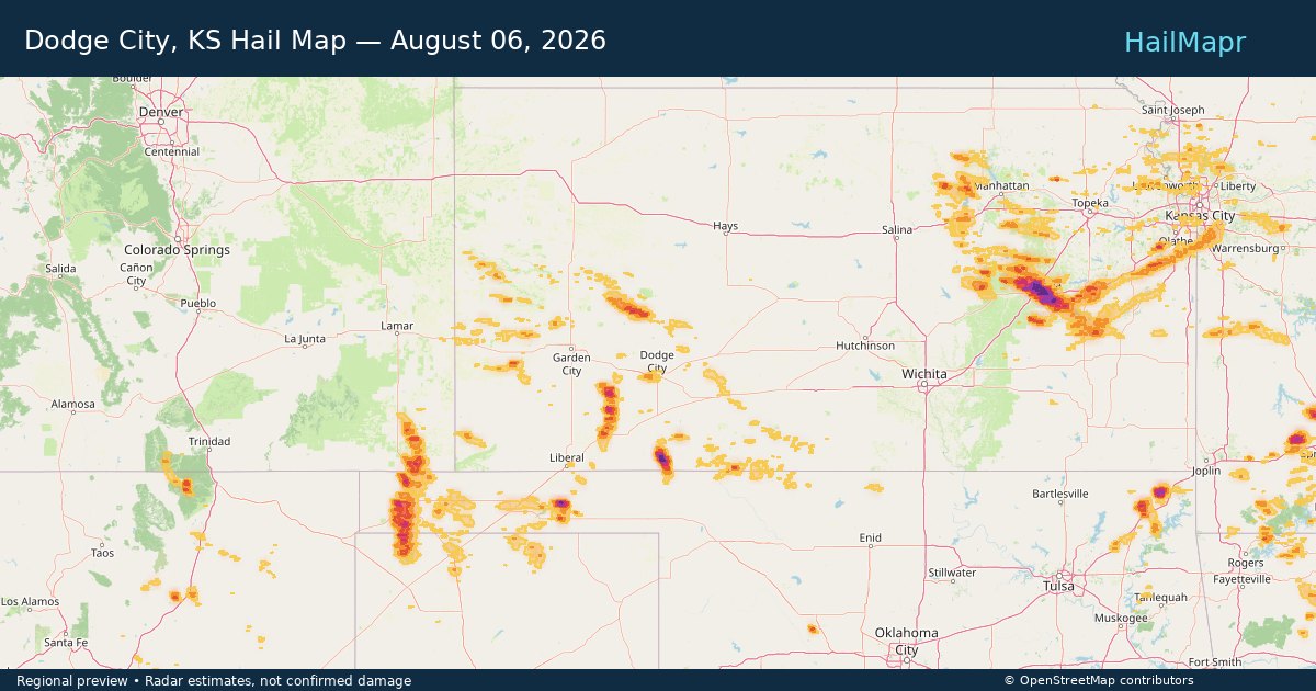Dodge City, KS Hail Map — August 06, 2026 — regional heatmap and storm polygons