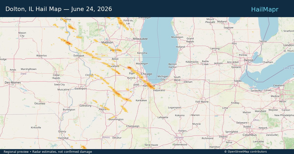 Dolton, IL Hail Map — June 24, 2026 — regional heatmap and storm polygons