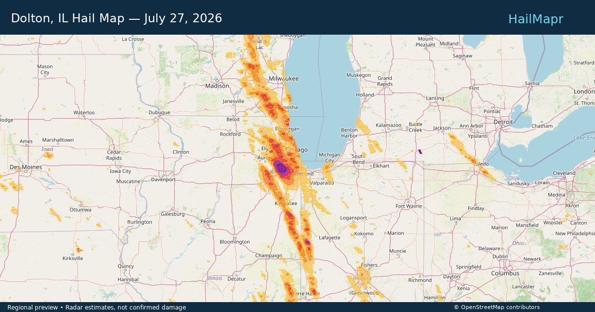 Dolton, IL Hail Map — July 27, 2026 — regional heatmap and storm polygons