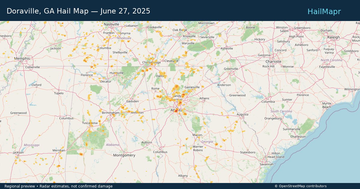 Doraville, GA Hail Map — June 27, 2025 — regional heatmap and storm polygons