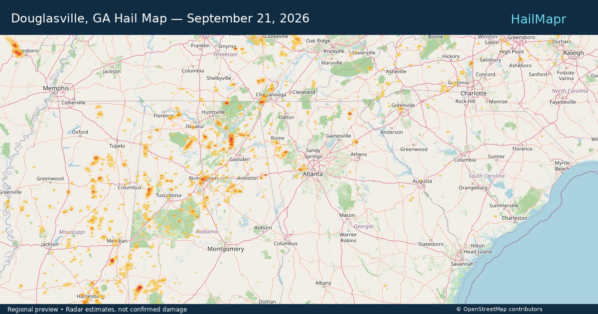 Douglasville, GA Hail Map — September 21, 2026 — regional heatmap and storm polygons