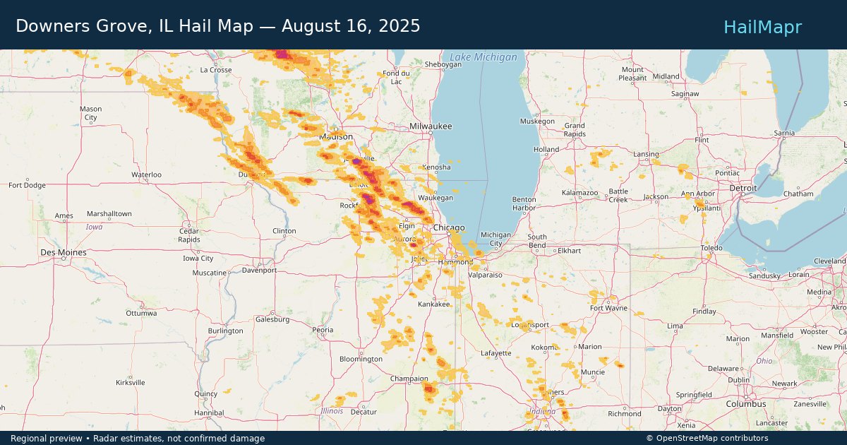 Downers Grove, IL Hail Map — August 16, 2025 — regional heatmap and storm polygons