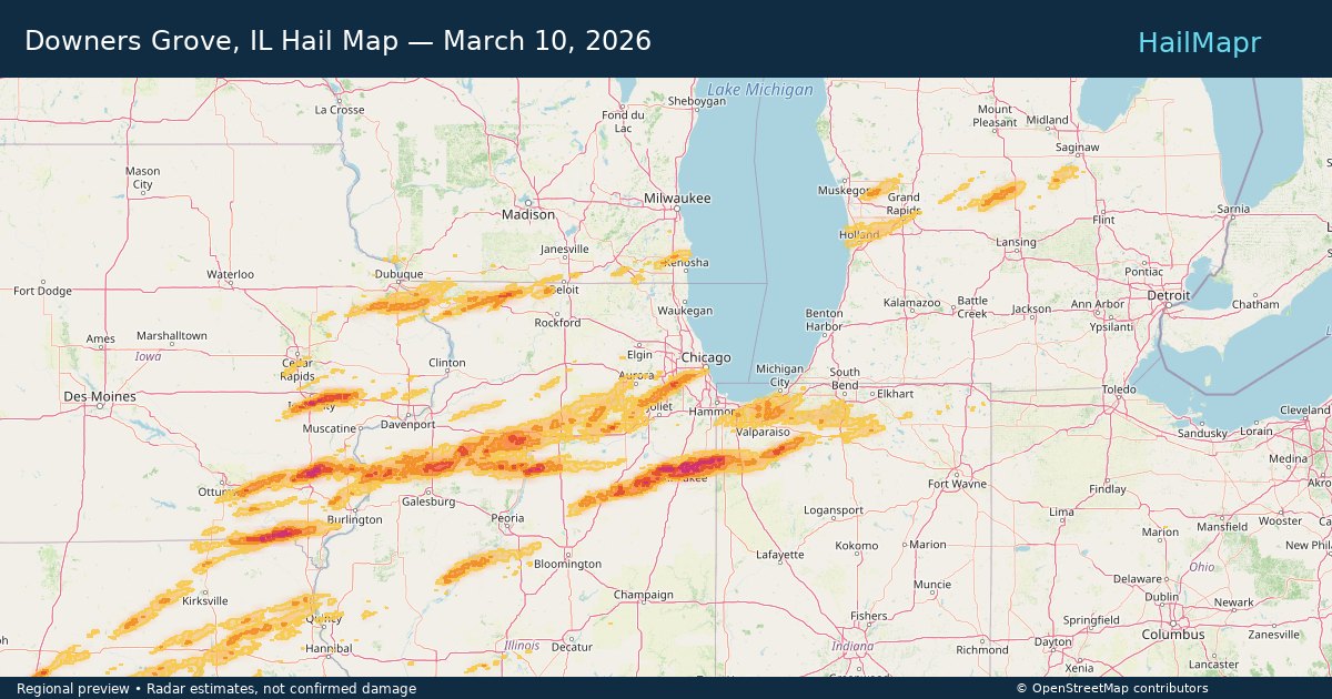 Downers Grove, IL Hail Map — March 10, 2026 — regional heatmap and storm polygons