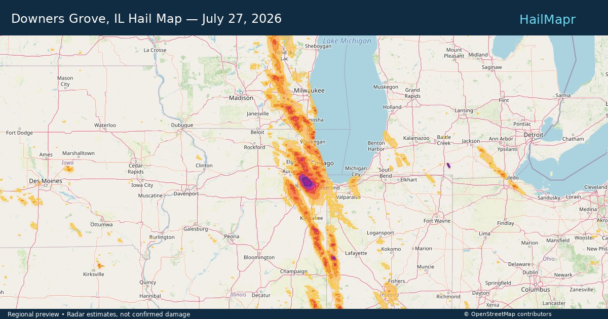 Downers Grove, IL Hail Map — July 27, 2026 — regional heatmap and storm polygons