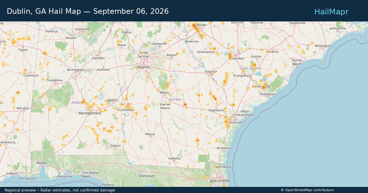 Dublin, GA Hail Map — September 06, 2026 — regional heatmap and storm polygons
