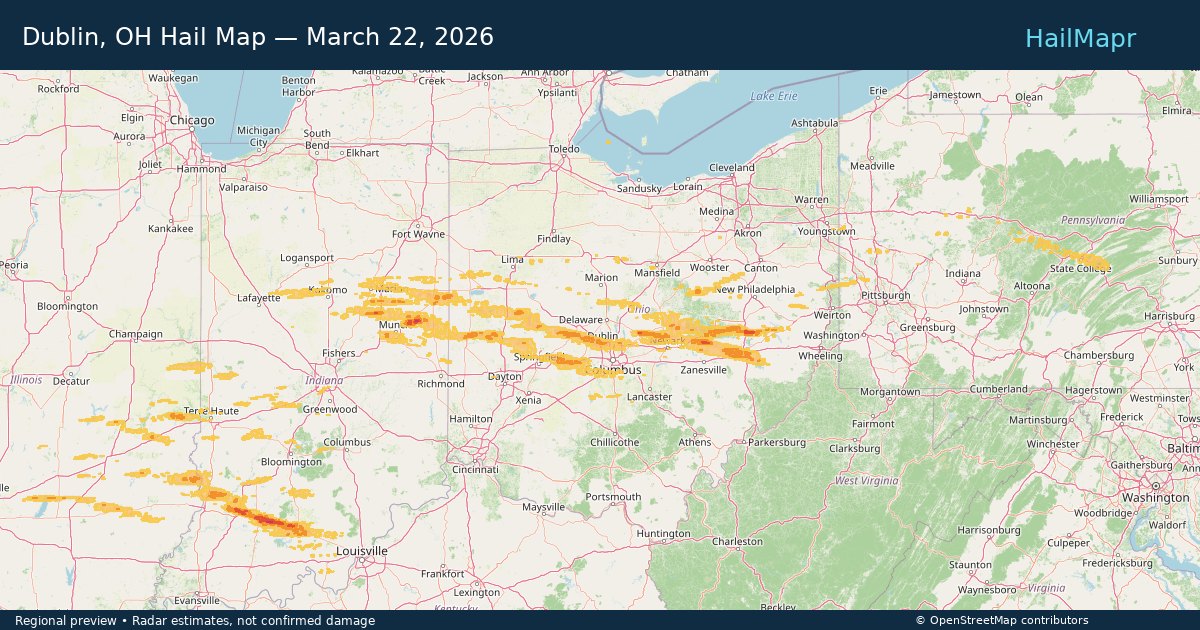 Dublin, OH Hail Map — March 22, 2026 — regional heatmap and storm polygons