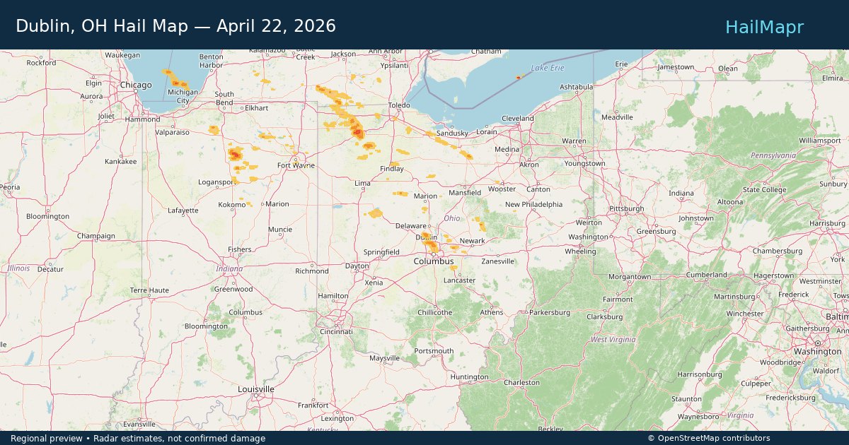 Dublin, OH Hail Map — April 22, 2026 — regional heatmap and storm polygons