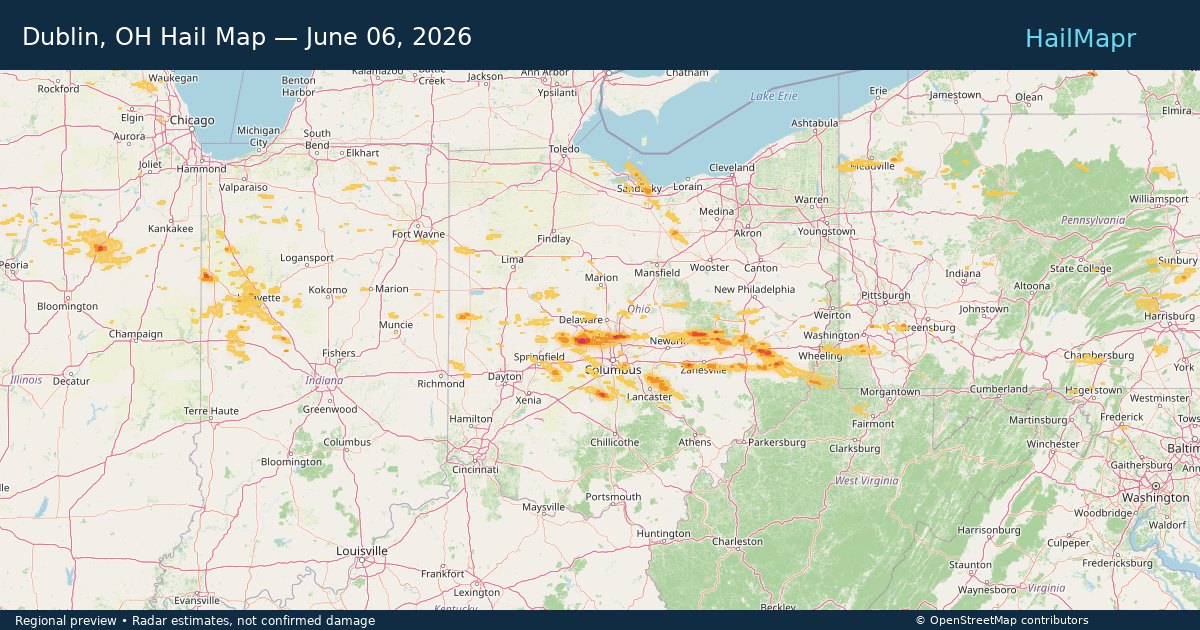 Dublin, OH Hail Map — June 06, 2026 — regional heatmap and storm polygons