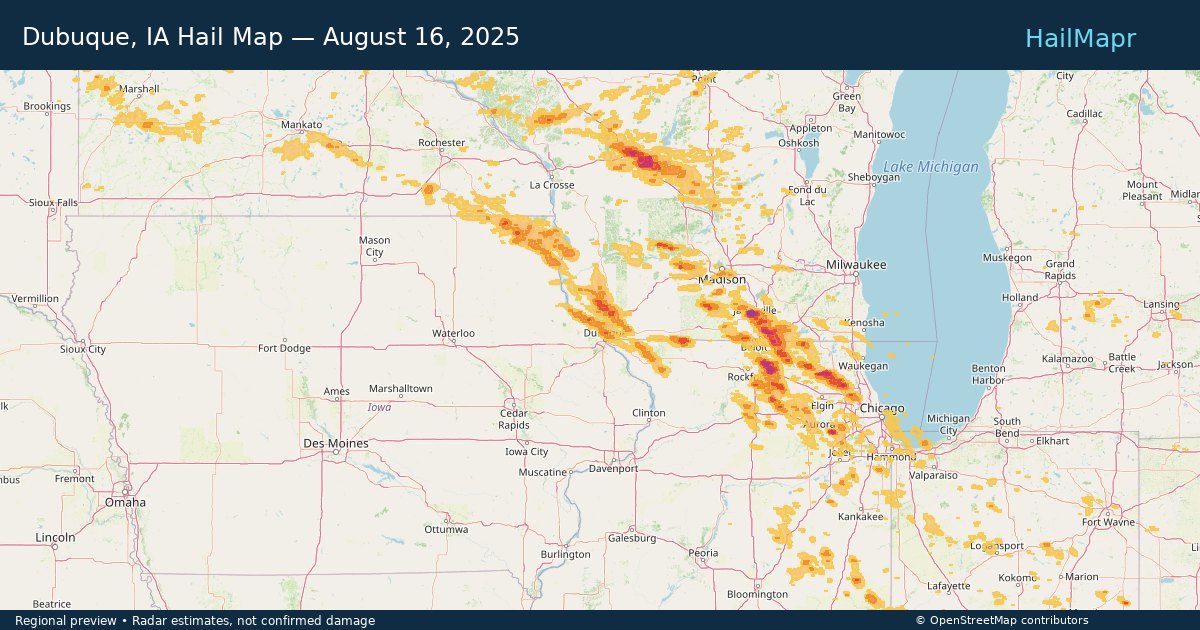 Dubuque, IA Hail Map — August 16, 2025 — regional heatmap and storm polygons