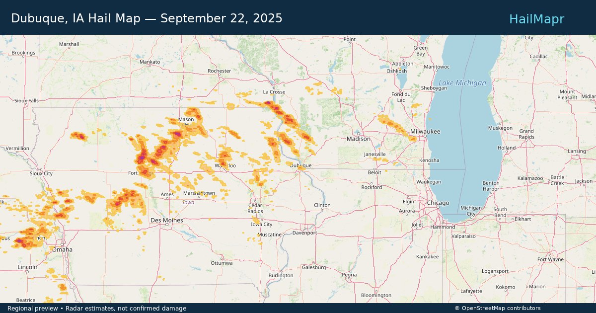 Dubuque, IA Hail Map — September 22, 2025 — regional heatmap and storm polygons