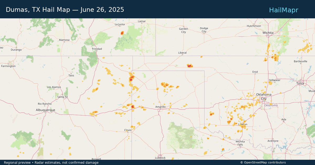Dumas, TX Hail Map — June 26, 2025 — regional heatmap and storm polygons