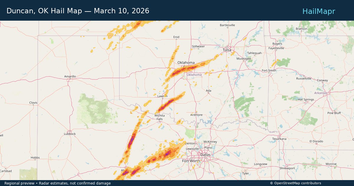 Duncan, OK Hail Map — March 10, 2026 — regional heatmap and storm polygons