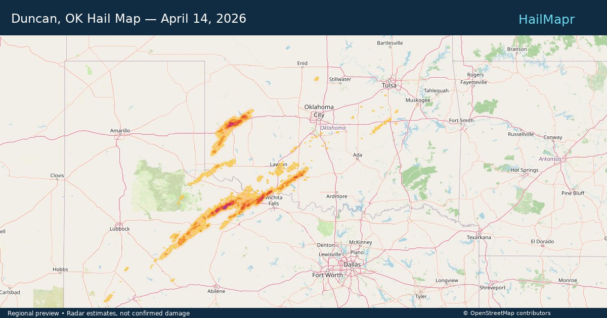 Duncan, OK Hail Map — April 14, 2026 — regional heatmap and storm polygons