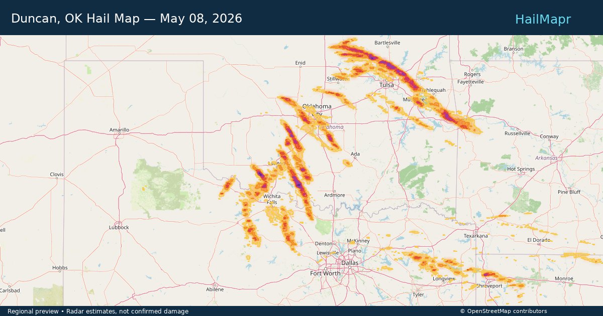 Duncan, OK Hail Map — May 08, 2026 — regional heatmap and storm polygons
