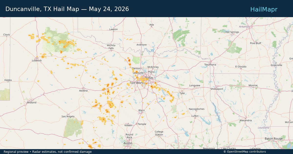 Duncanville, TX Hail Map — May 24, 2026 — regional heatmap and storm polygons