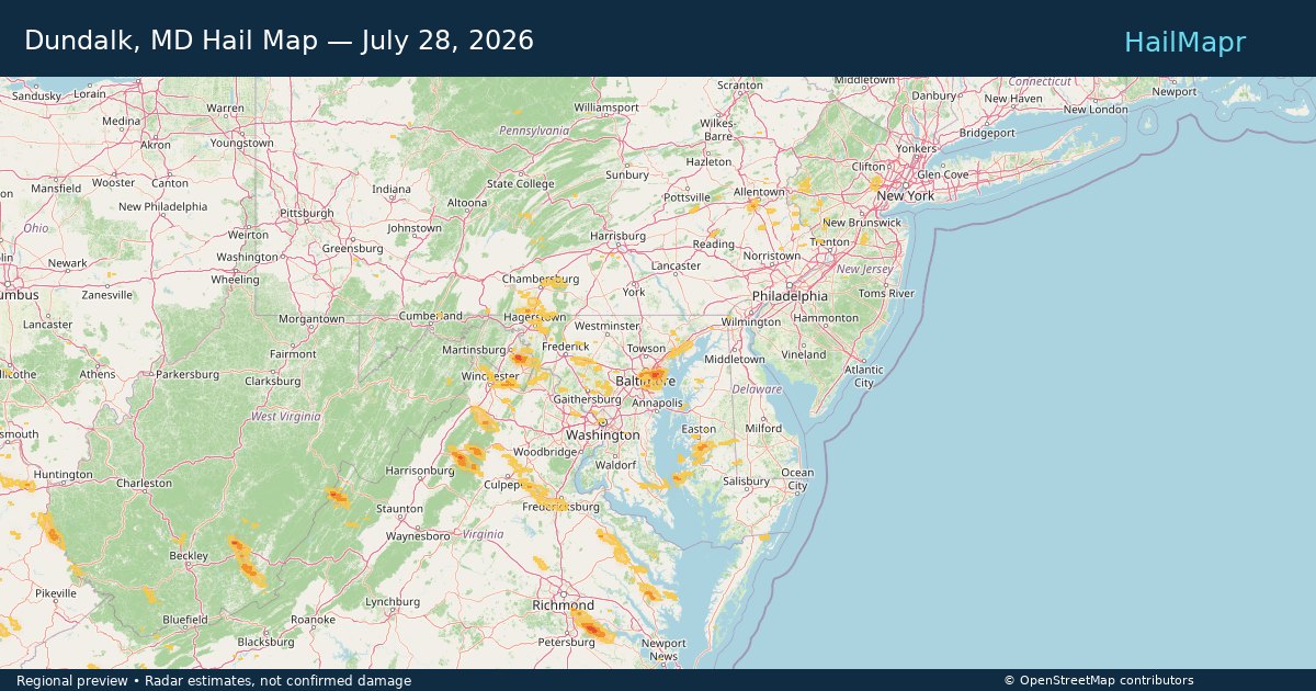 Dundalk, MD Hail Map — July 28, 2026 — regional heatmap and storm polygons