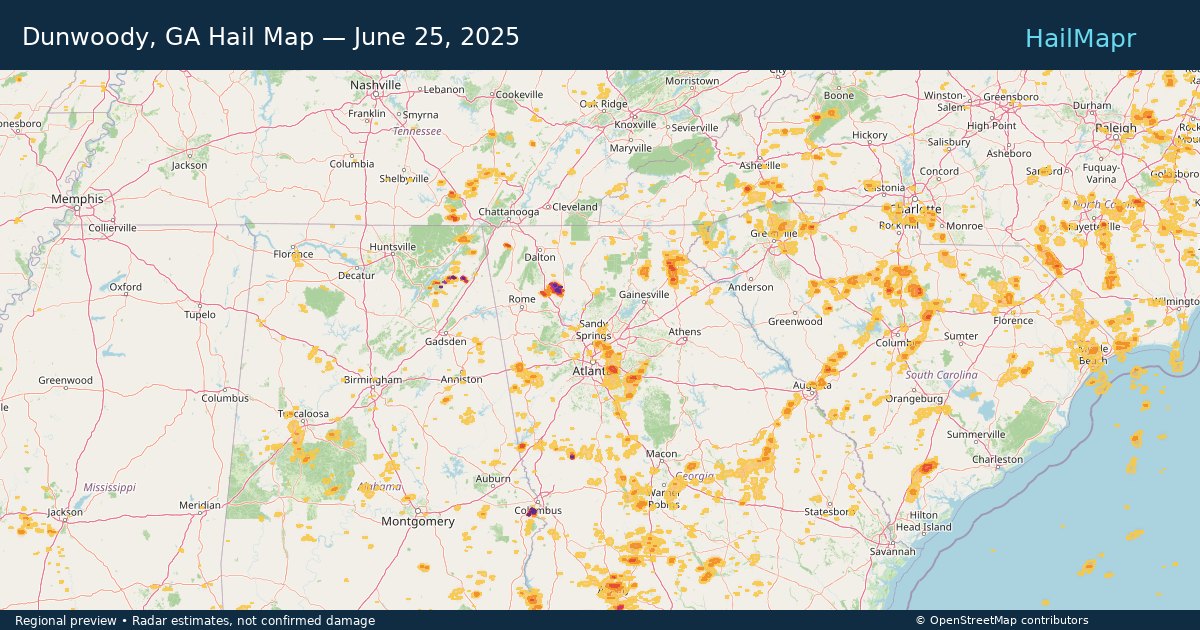 Dunwoody, GA Hail Map — June 25, 2025 — regional heatmap and storm polygons