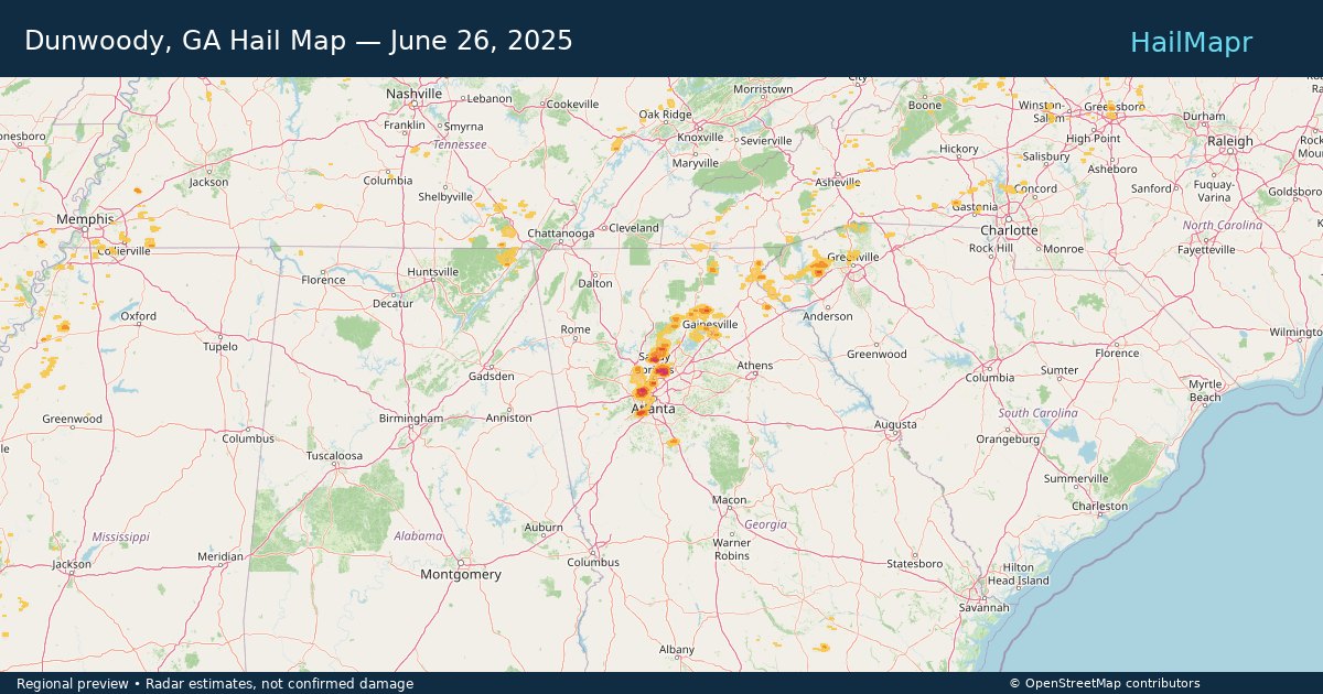 Dunwoody, GA Hail Map — June 26, 2025 — regional heatmap and storm polygons