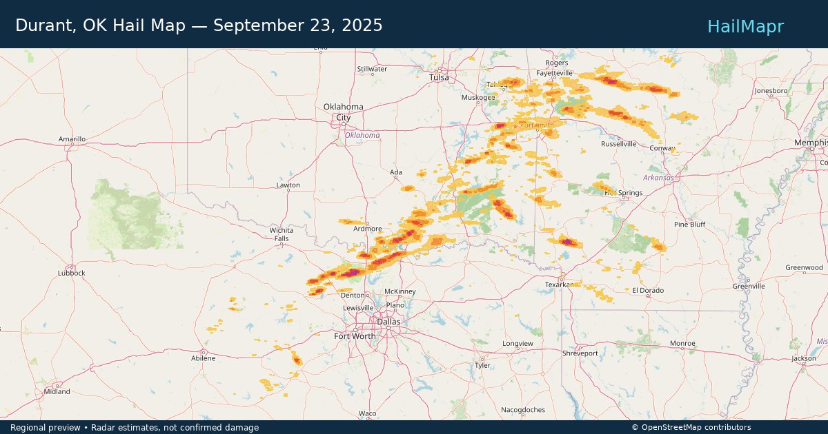 Durant, OK Hail Map — September 23, 2025 — regional heatmap and storm polygons