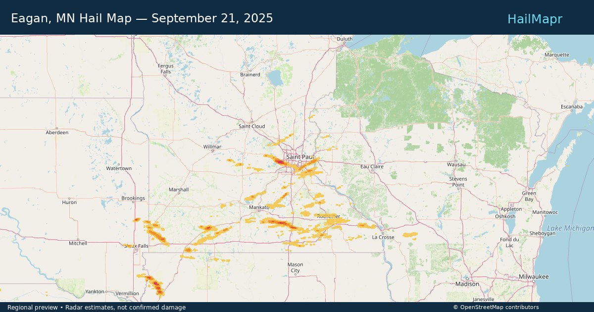Eagan, MN Hail Map — September 21, 2025 — regional heatmap and storm polygons