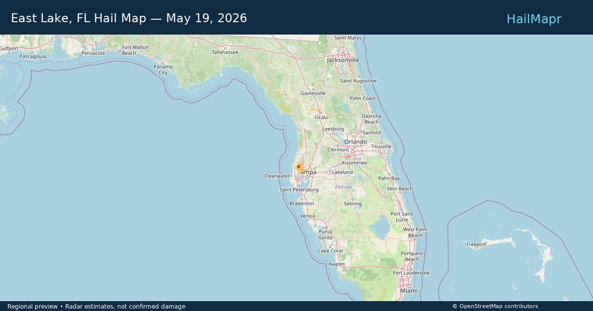 East Lake, FL Hail Map — May 19, 2026 — regional heatmap and storm polygons