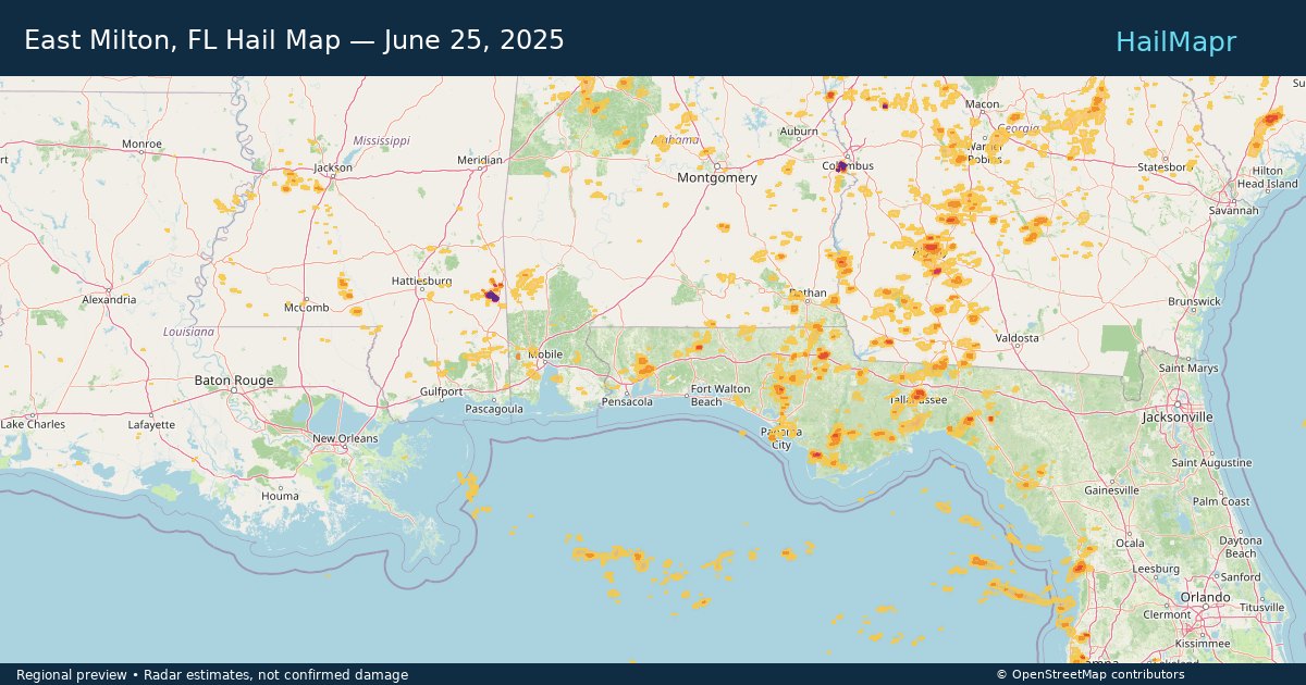 East Milton, FL — June 25, 2025 — regional hail footprint preview