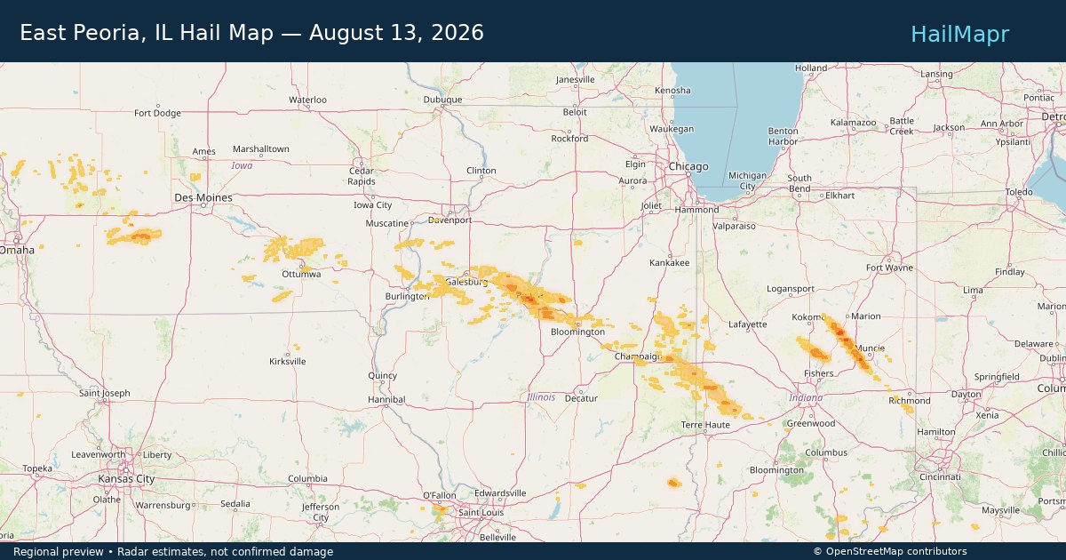 East Peoria, IL Hail Map — August 13, 2026 — regional heatmap and storm polygons