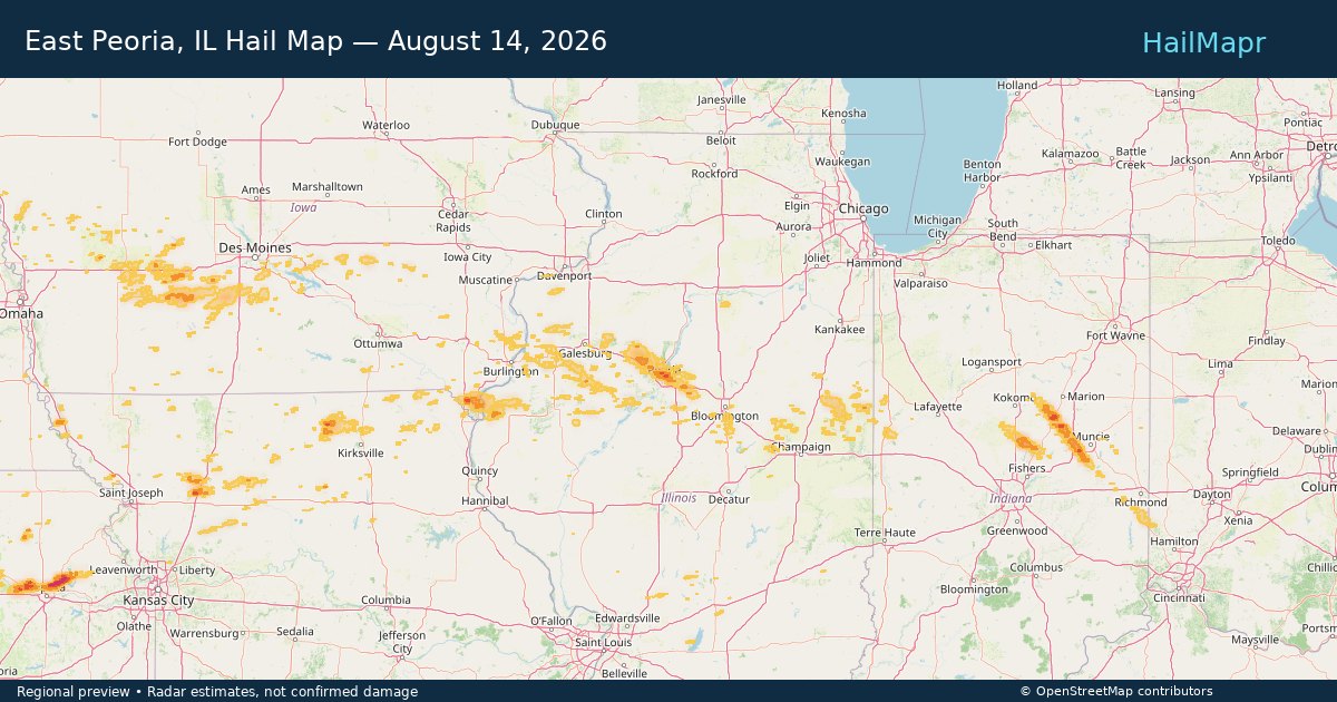 East Peoria, IL Hail Map — August 14, 2026 — regional heatmap and storm polygons