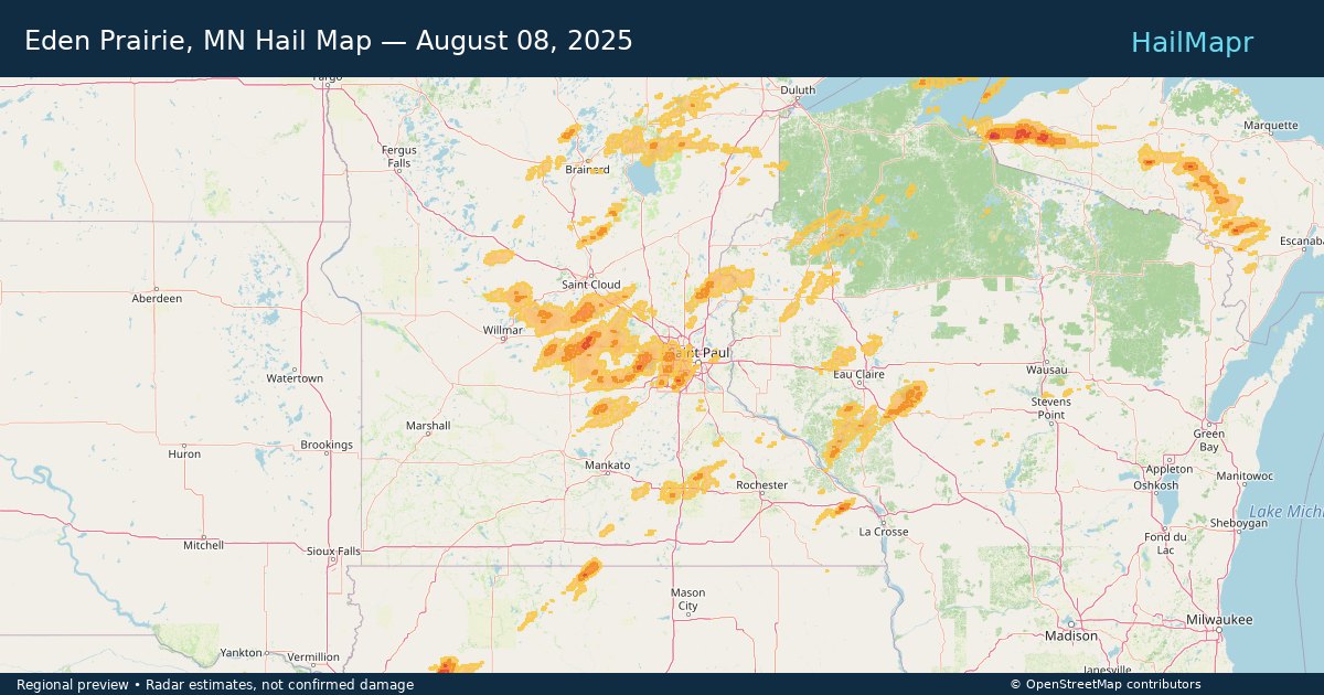 Eden Prairie, MN — August 08, 2025 — regional hail footprint preview