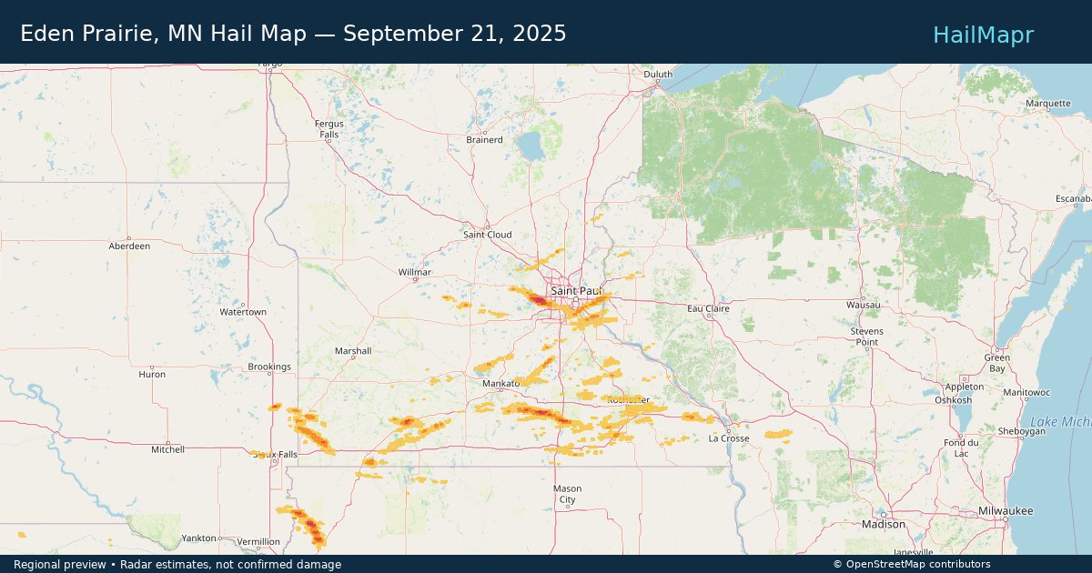 Eden Prairie, MN Hail Map — September 21, 2025 — regional heatmap and storm polygons