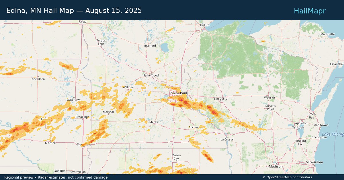 Edina, MN Hail Map — August 15, 2025 — regional heatmap and storm polygons