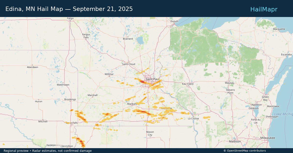 Edina, MN Hail Map — September 21, 2025 — regional heatmap and storm polygons