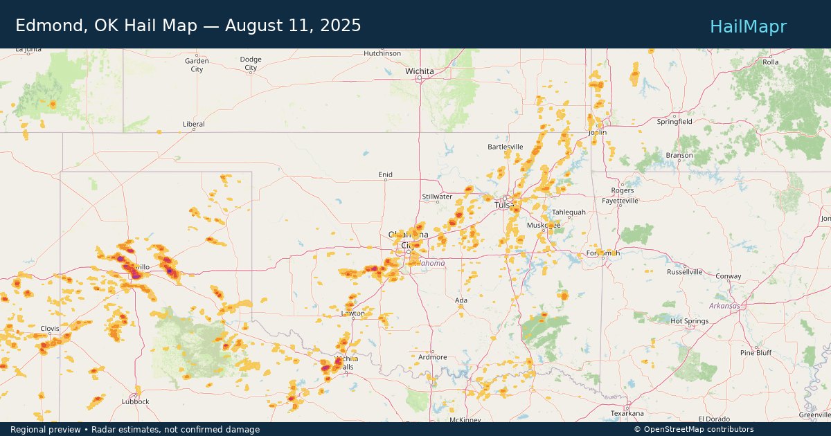 Edmond, OK Hail Map — August 11, 2025 — regional heatmap and storm polygons