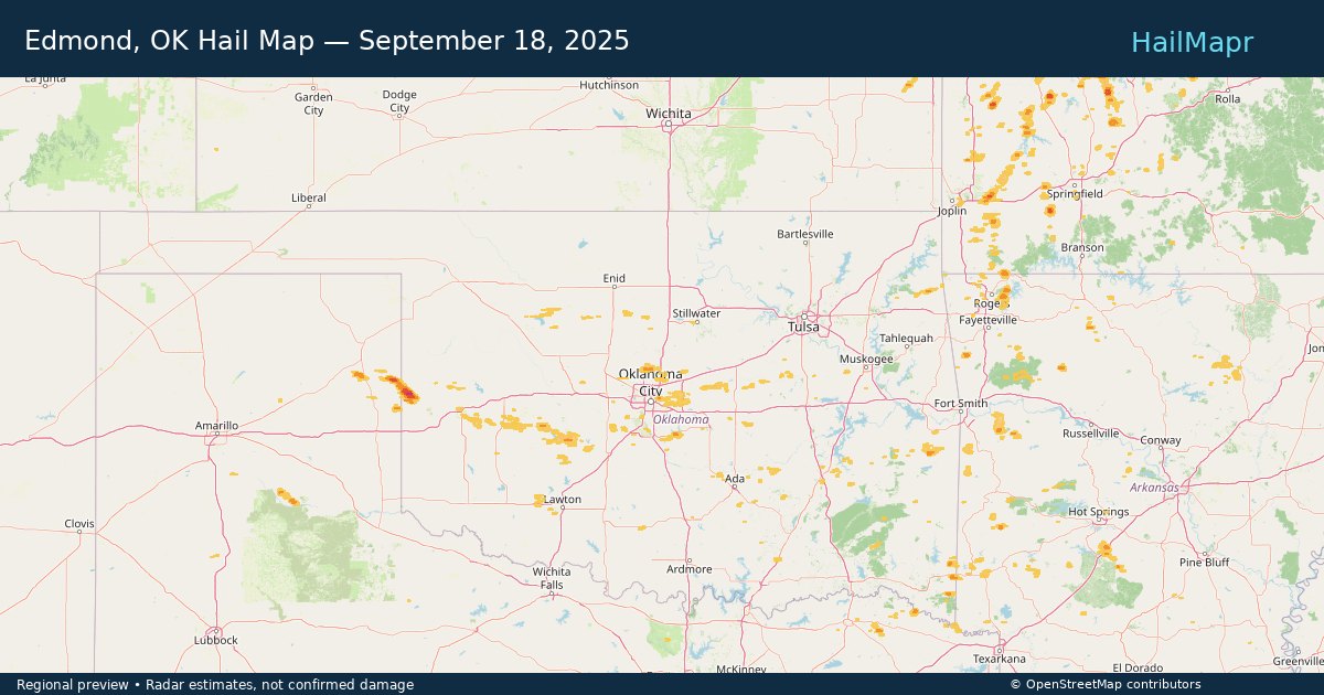 Edmond, OK — September 18, 2025 — regional hail footprint preview