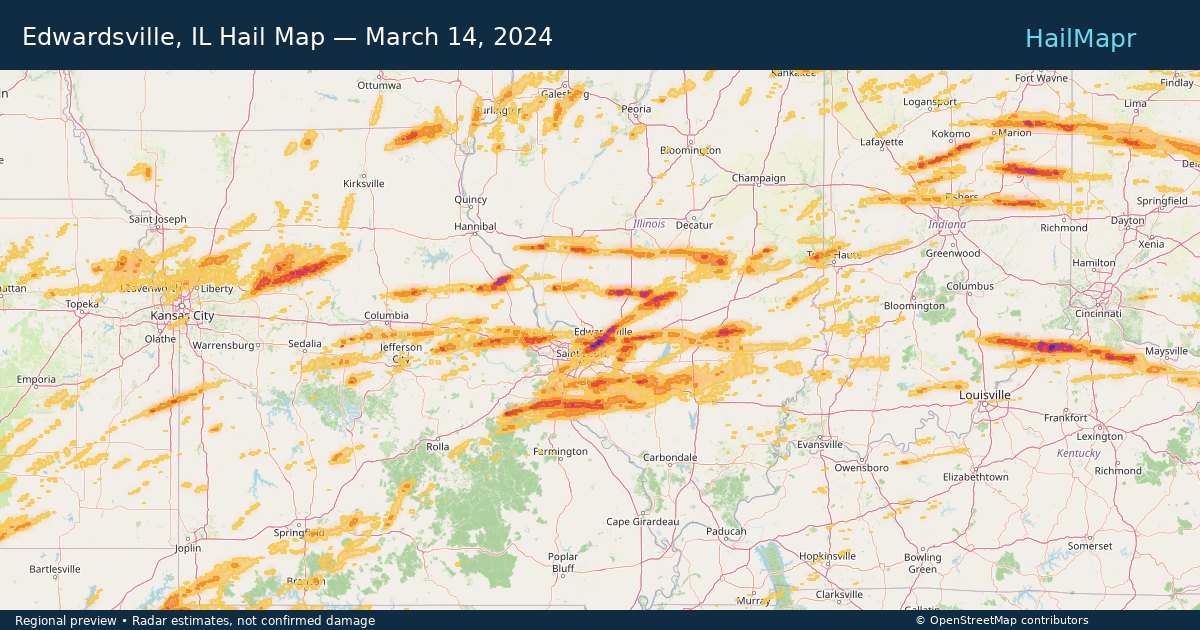 Edwardsville, IL Hail Map — March 14, 2024 — regional heatmap and storm polygons