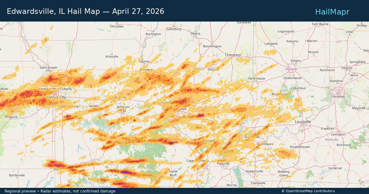 Edwardsville, IL Hail Map — April 27, 2026 — regional heatmap and storm polygons