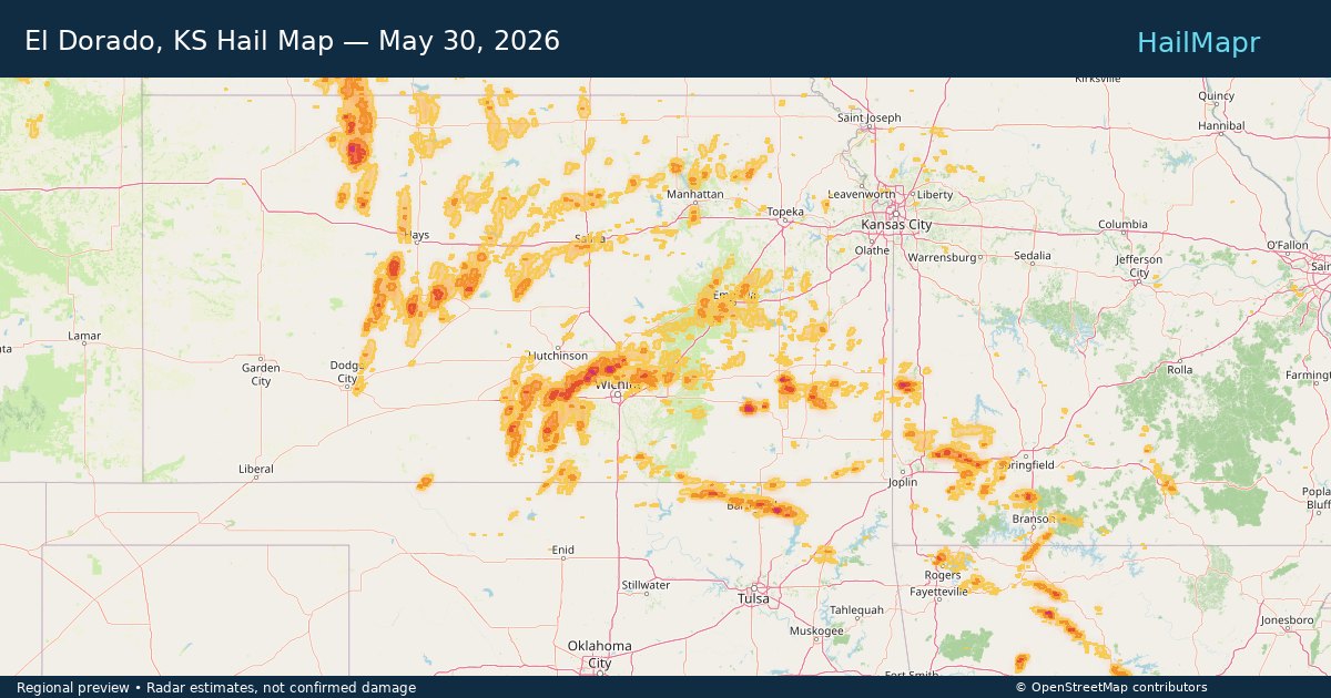 El Dorado, KS Hail Map — May 30, 2026 — regional heatmap and storm polygons