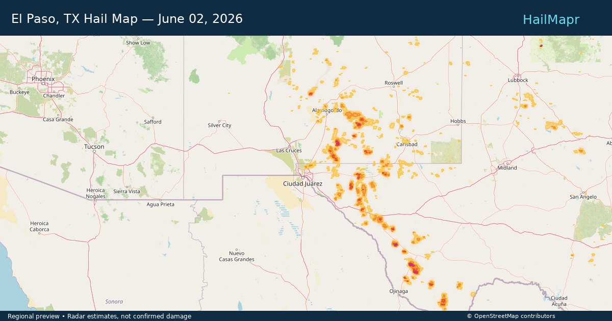El Paso, TX Hail Map — June 02, 2026 — regional heatmap and storm polygons