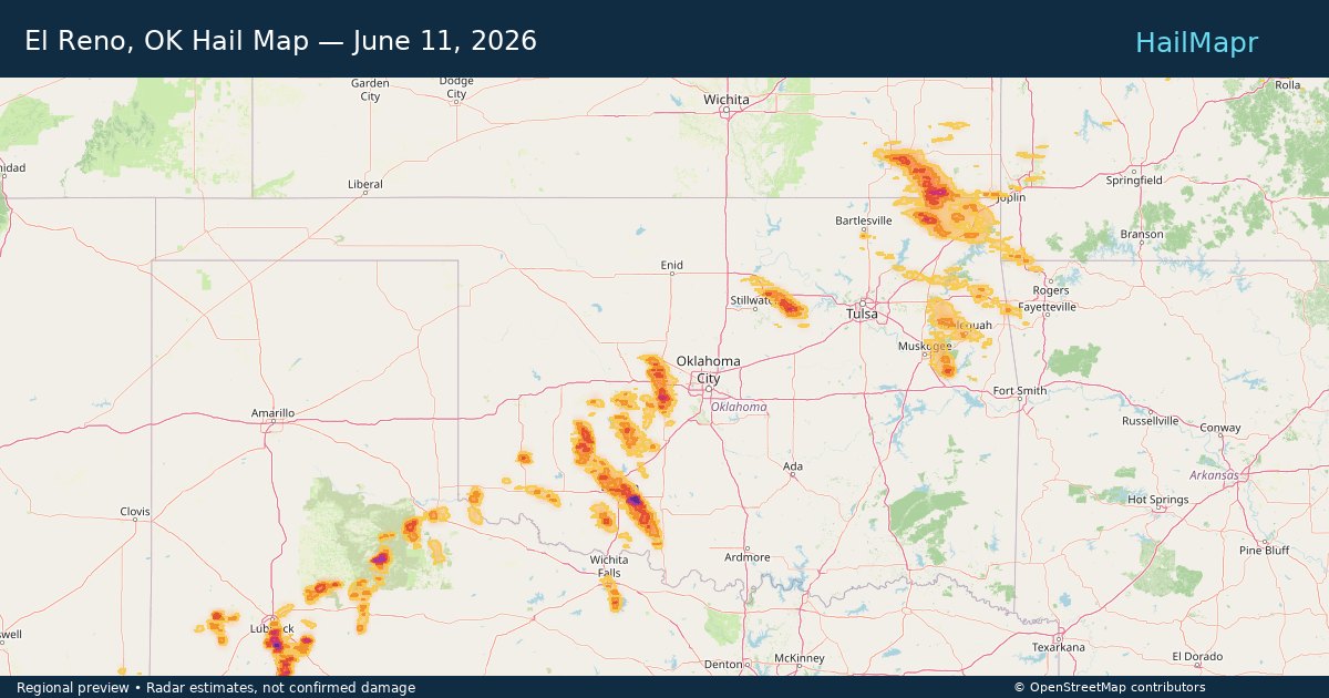 El Reno, OK Hail Map — June 11, 2026 — regional heatmap and storm polygons