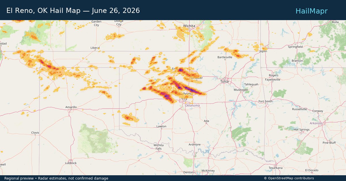 El Reno, OK Hail Map — June 26, 2026 — regional heatmap and storm polygons