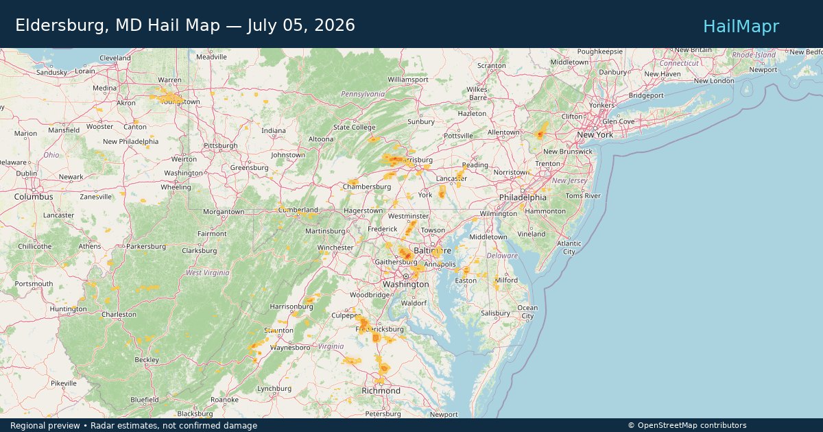 Eldersburg, MD — July 05, 2026 — regional hail footprint preview