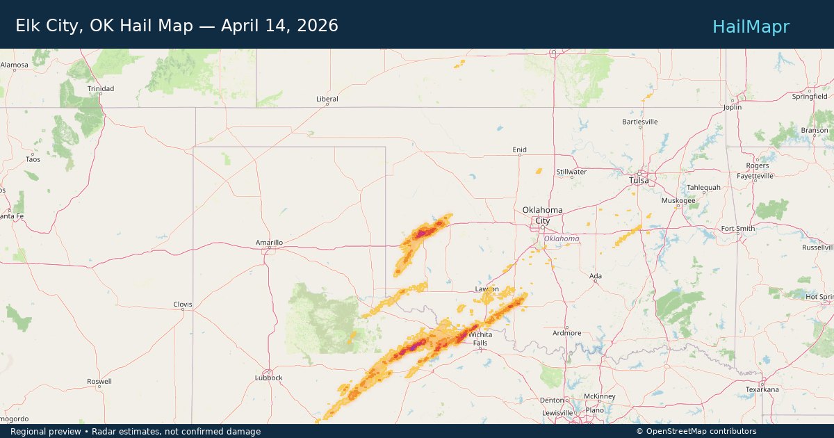 Elk City, OK Hail Map — April 14, 2026 — regional heatmap and storm polygons