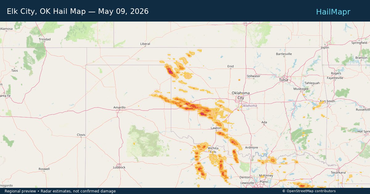 Elk City, OK Hail Map — May 09, 2026 — regional heatmap and storm polygons