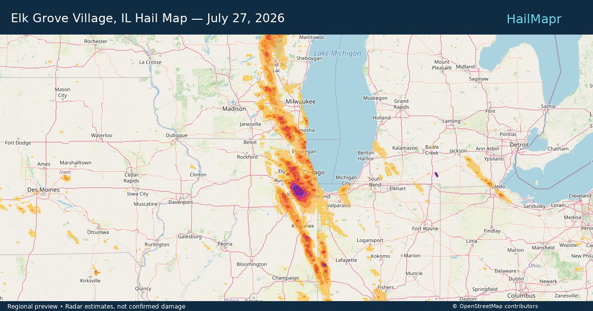 Elk Grove Village, IL Hail Map — July 27, 2026 — regional heatmap and storm polygons