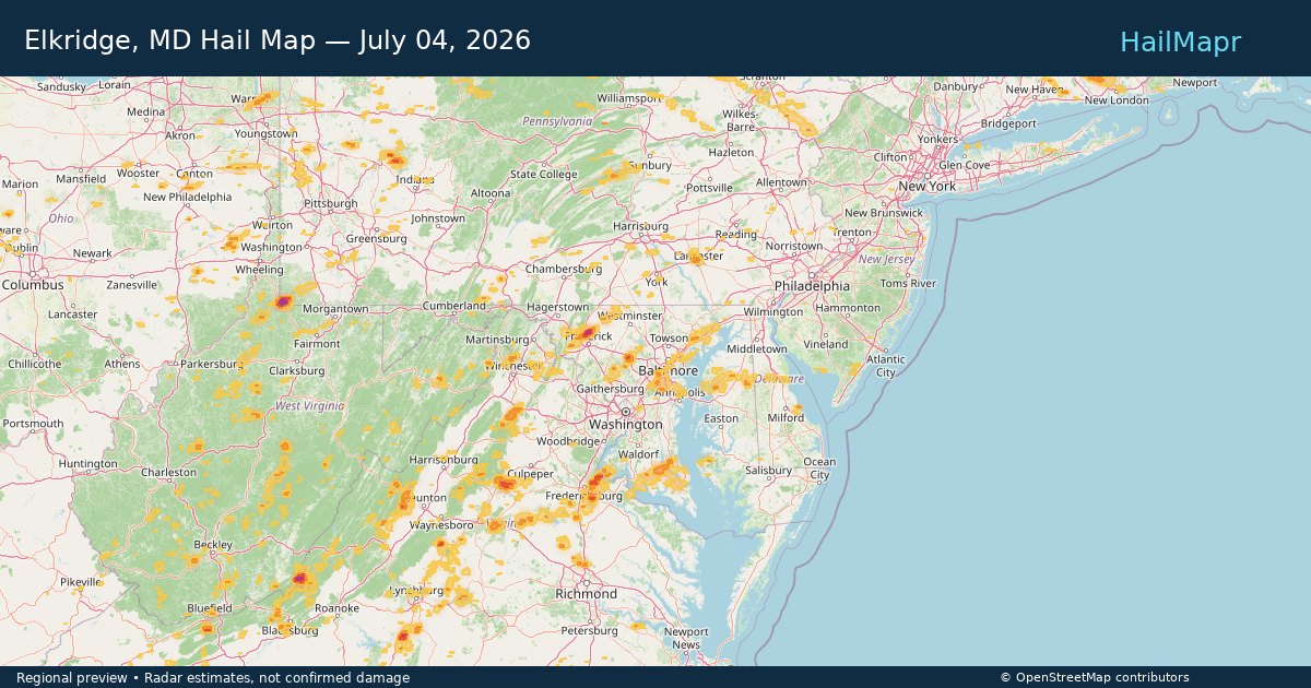 Elkridge, MD Hail Map — July 04, 2026 — regional heatmap and storm polygons