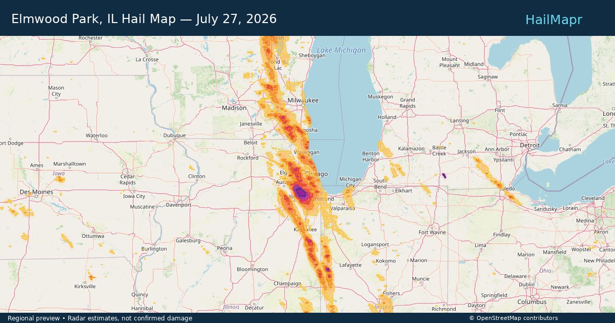 Elmwood Park, IL Hail Map — July 27, 2026 — regional heatmap and storm polygons