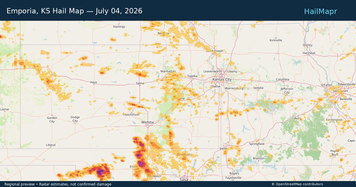 Emporia, KS Hail Map — July 04, 2026 — regional heatmap and storm polygons