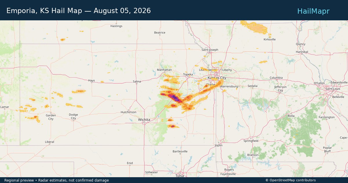 Emporia, KS Hail Map — August 05, 2026 — regional heatmap and storm polygons
