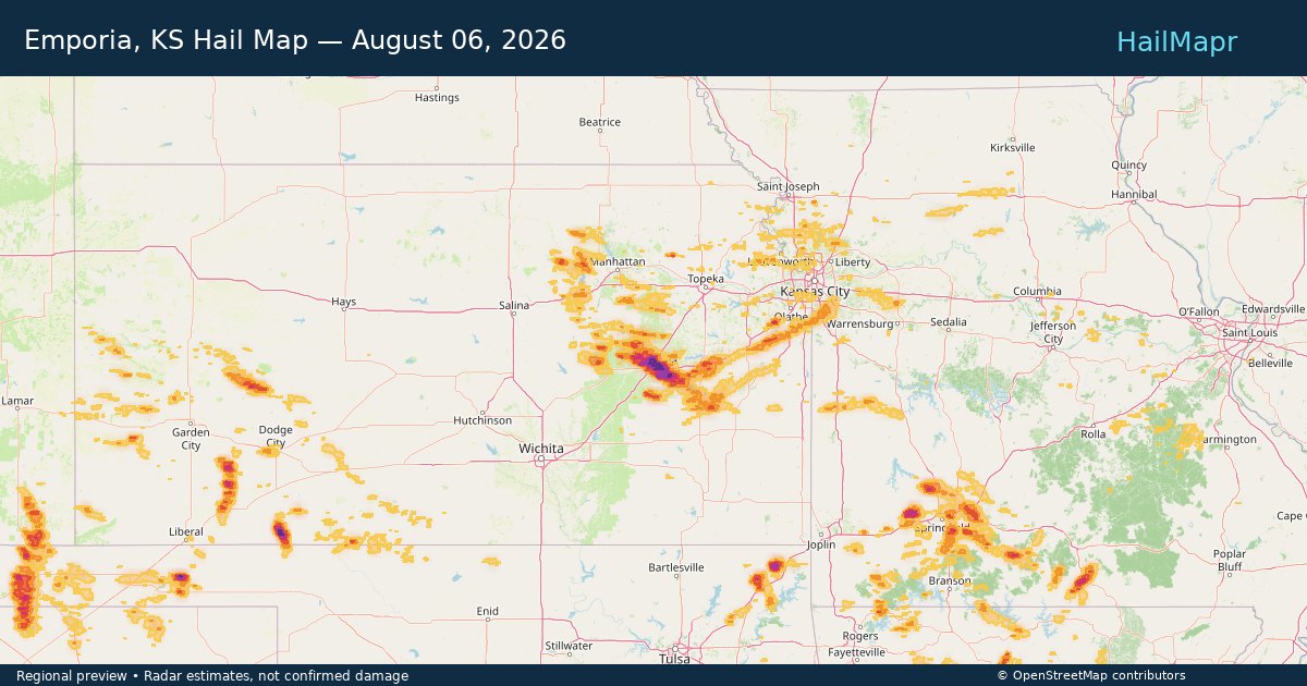Emporia, KS Hail Map — August 06, 2026 — regional heatmap and storm polygons